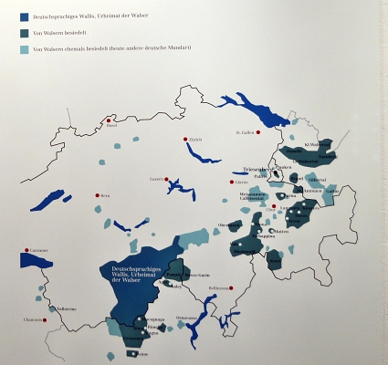 Mapka zobrazující oblasti obývané Walsery